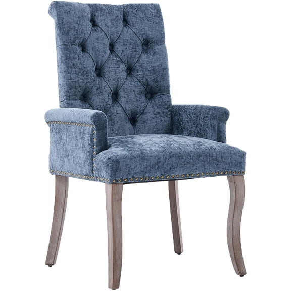 Tufted Dining Chairs with High Back,Neutral Fabric Upholstered Kitchen Chair Rustic Solid Wood Legs,Farmhouse Side Chair with Arms Nailhead Trim for Dining Room (Neutral Blue, 1PC)
