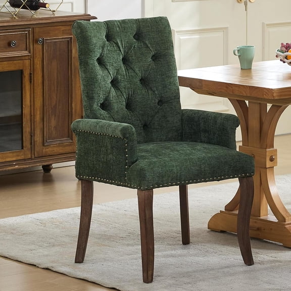 Tufted Dining Chairs with High Back,Neutral Fabric Upholstered Kitchen Chair with Rustic Solid Wood Legs,Farmhouse Side Chairs with Arms Nailhead Trim for Dining Room (Olive, 1PC)