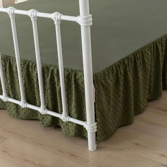 Tufted Dot Bed Skirt Queen Size Ruffled Bed Skirt with Split Corners, 14 Inch Drop Dust Ruffle Bed Skirts with Platform, Olive Green