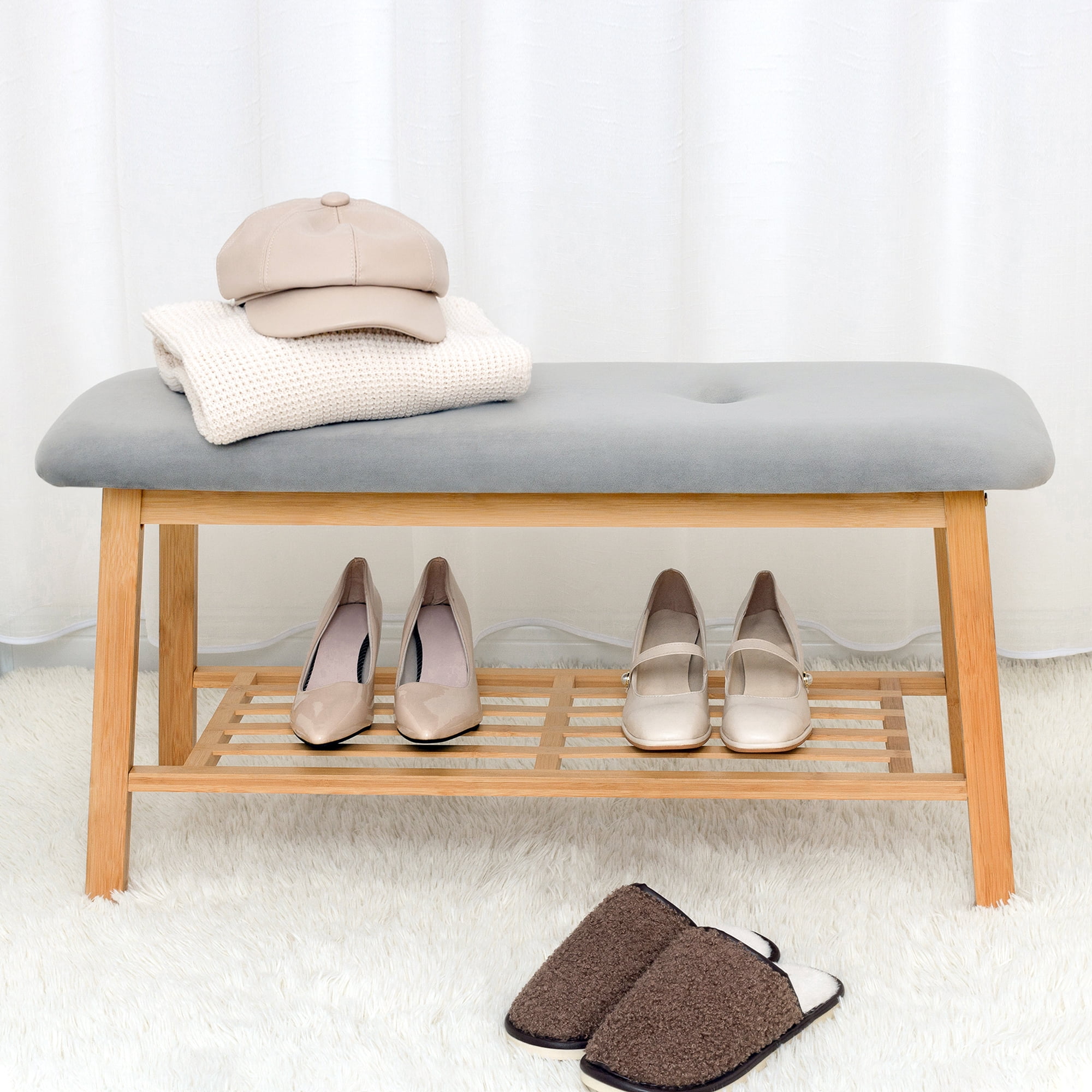 Tufted Fabric Bench Ottoman Bench, Gray