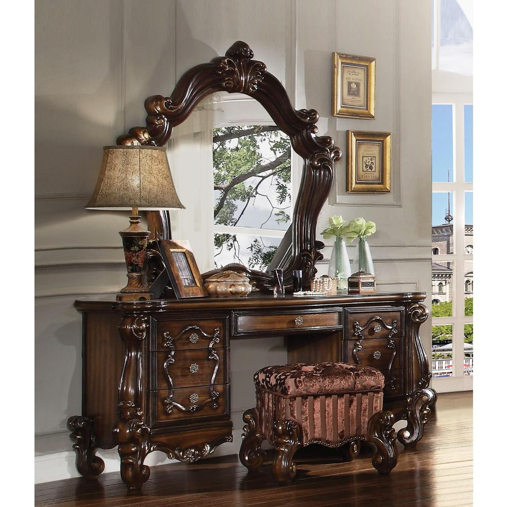 Cherry Oak Brown Tufted Fabric Vanity Stool with Scrolled Legs