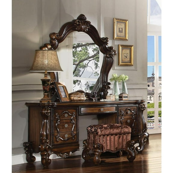 Tufted Fabric Upholstered Wooden Vanity Stool with Scrolled Legs Cherry Oak brown - Saltoro Sherpi