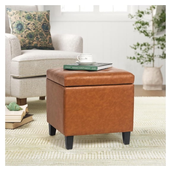 Tufted Faux Leather Storage Ottoman Square Cube Foot Rest Stool with Top, Orange