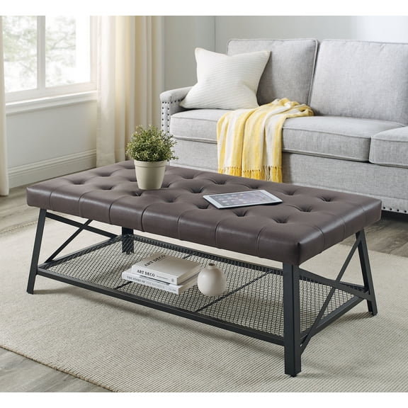 Tufted Faux Leather Upholstered Coffee Table with Metal Legs and Mesh Storage Rack, Dark Brown