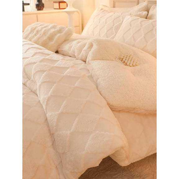 Tufted Fleece Comforter Set - Super Soft Warm Fluffy Shaggy Bedding Sets, Plaid Jacquard Bed Set for Winter, 1 Sherpa Comforter with 2 Pillow Cases (90"X90" White)