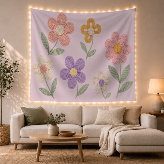 Tufted Flowers on Lavender Field, Whimsical Boho for Flower Lovers, Textured Botanical Wall Art, Mother's Day Gift Tapestry Wall Hanging for Bedroom and Nursery