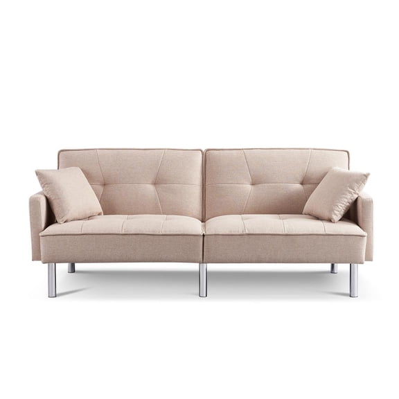 Tufted Futon Convertible Sofa Sleeper with Two Throw Pillows in Beige Velvet