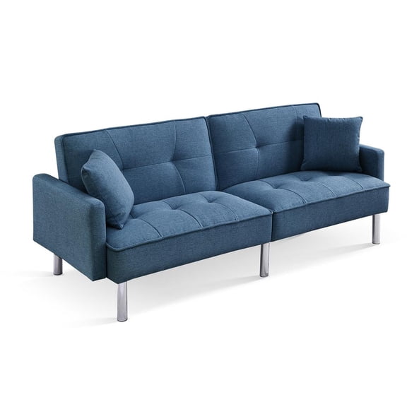 Tufted Futon Convertible Sofa Sleeper with Two Throw Pillows in Blue Velvet