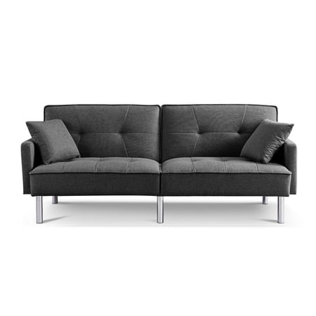 Tufted Futon Convertible Sofa Sleeper with Two Throw Pillows in Dark Grey Velvet