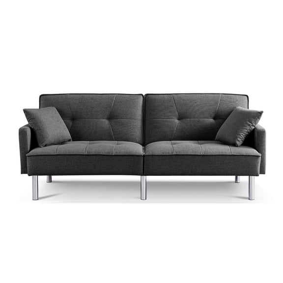 Tufted Futon Convertible Sofa Sleeper with Two Throw Pillows in Dark Grey Velvet