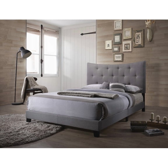 Queen Size Solid Rubberwood Platform Bed Frame with Tufted Headboard, Grey, No Box Spring Needed, for Bedroom