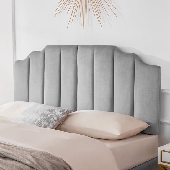 Weture Velvet Upholstered Headboard, Modern Sleigh Design, King Size, Light Gray