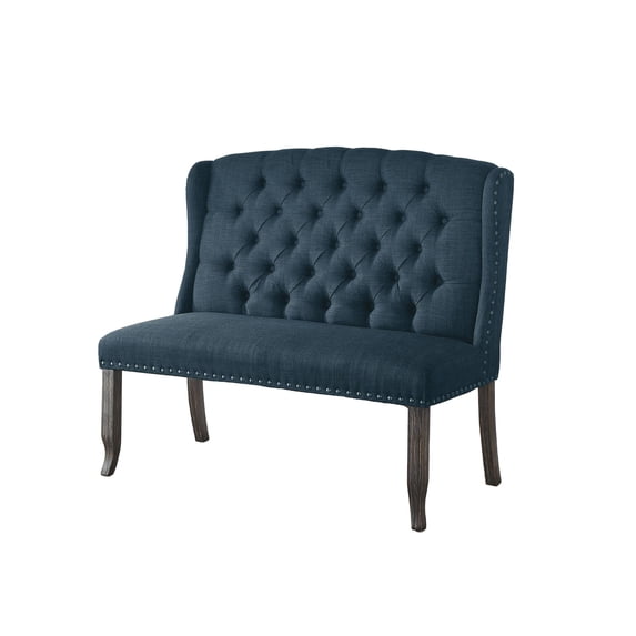 Tufted High Back 2 Seater Love Seat Bench With Nailhead Trims, Blue