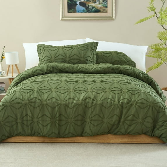 Tufted Jacquard Soft Washed Microfiber Duvet Cover Set 3 Pcs(Green King)