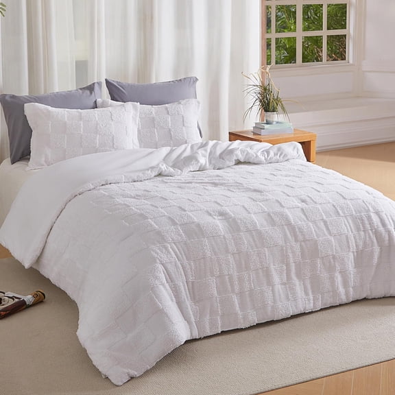 Tufted King Size Comforter Set, 3 Pieces Beige Boho King Bedding Set with 1 Plaid Geometric Comforter and 2 Pillow Shams, Checkered Bed in a Bag for All Seasons