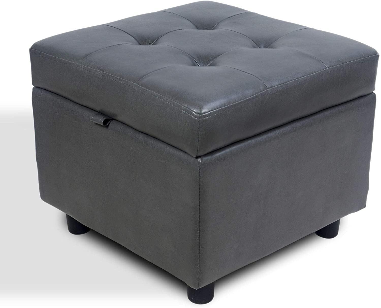 Tufted Leather Square Ottoman with Storage and Hinged Lid, Foot Rest Cube Footstool,Dark Grey ST-SOPUGY7