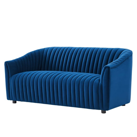 Tufted Loveseat Sofa, Blue Navy, Velvet, Modern Contemporary, Mid Century Living Hotel Lounge Cafe Lobby