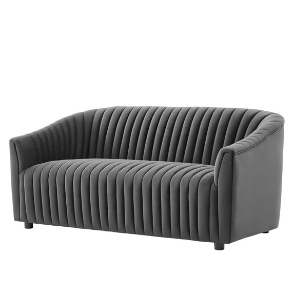 Tufted Loveseat Sofa, Charcoal Grey Gray, Velvet, Modern Contemporary, Mid Century Living Hotel Lounge Cafe Lobby