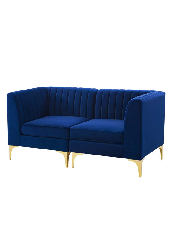 Tufted Loveseat Sofa, Velvet, Blue Navy, Modern Contemporary Urban Design, Living Lounge Room Hotel Lobby Hospitality