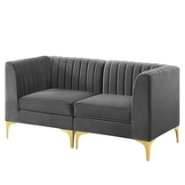 Tufted Loveseat Sofa, Velvet, Grey Gray, Modern Contemporary Urban Design, Living Lounge Room Hotel Lobby Hospitality