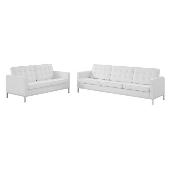 Tufted Loveseat and Sofa Set, Faux Leather, Silver White, Modern Contemporary Urban Design, Living Lounge Room Hotel Lobby Hospitality