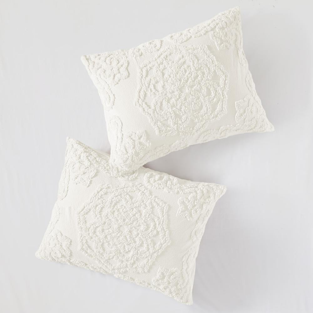 Cream Tufted Medallion Cotton Coverlet Set with Fringe