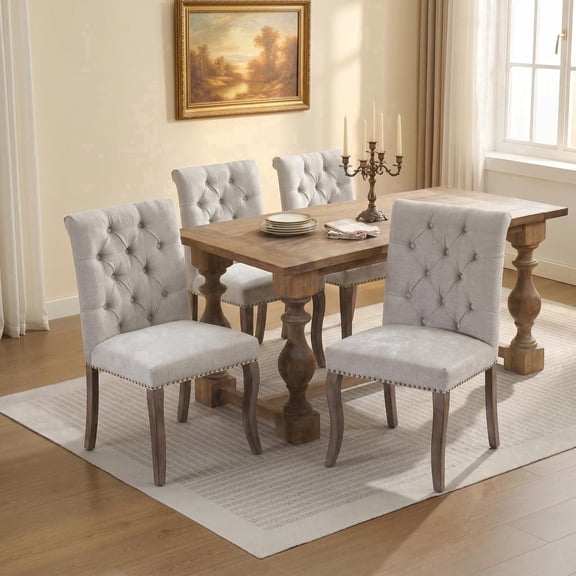 Tufted Nailhead Trim Dining Chairs - Set of 4 Elegant Upholstered Parsons Chairs with Wood Legs in Beige
