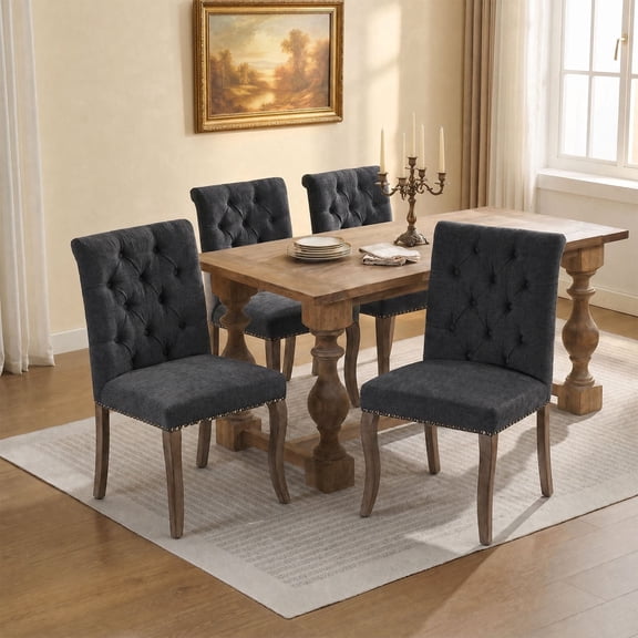 Tufted Nailhead Trim Dining Chairs - Set of 4 Elegant Upholstered Parsons Chairs with Wood Legs in Black