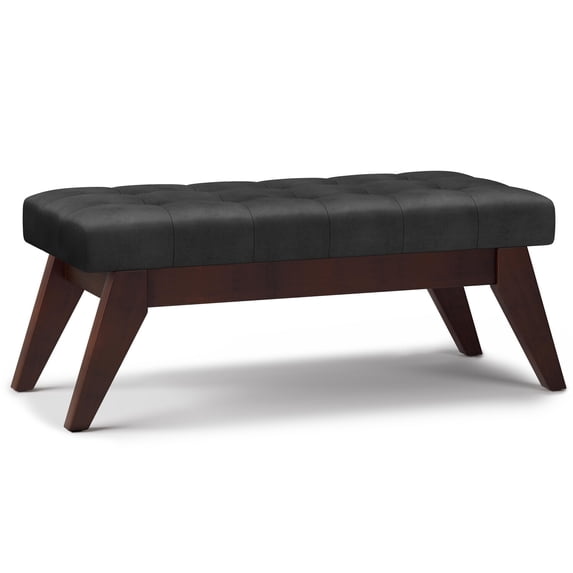 Tufted Ottoman Bench, 40" Wide, Mid-Century Modern Style, Black Vegan Leather