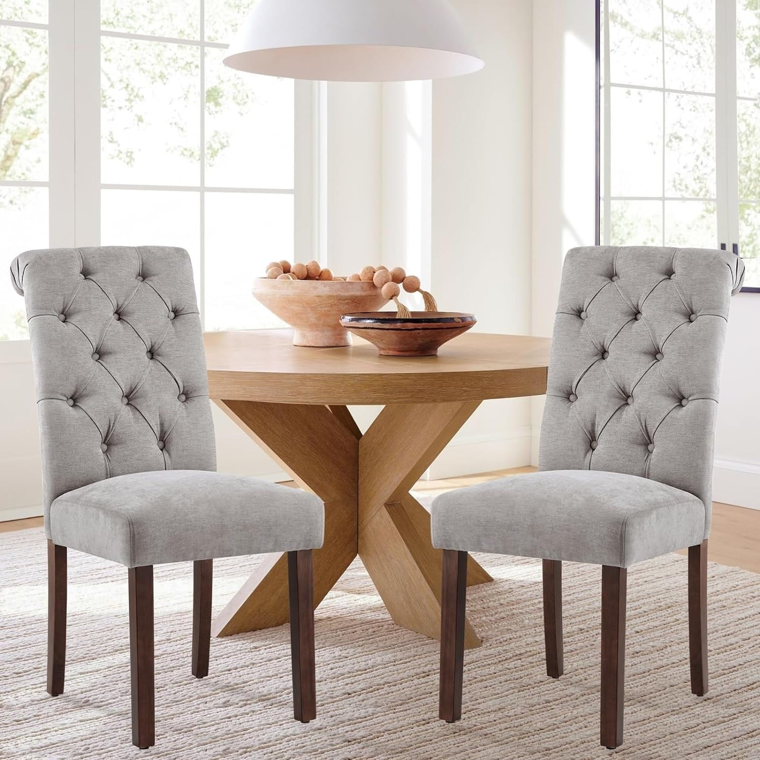 Light Grey Linen Upholstered Parsons Side Chairs with Wood Legs