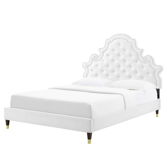 Tufted Platform Bed Frame, Full Size, Velvet, White, Modern Contemporary Urban Design, Bedroom Master Guest Suite