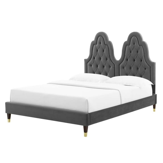 Tufted Platform Bed Frame, King Size, Velvet, Dark Grey Gray, Modern Contemporary Urban Design, Bedroom Master Guest Suite