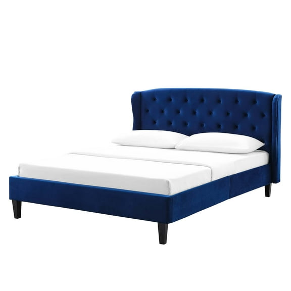 Tufted Platform Bed Frame, Queen Size, Velvet, Blue Navy, Modern Contemporary Urban Design, Bedroom Master Guest Suite