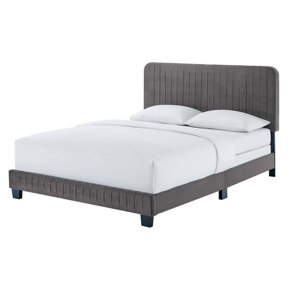 Tufted Platform Bed Frame, Queen Size, Velvet, Grey Gray, Modern Contemporary Urban Design, Bedroom Master Guest Suite