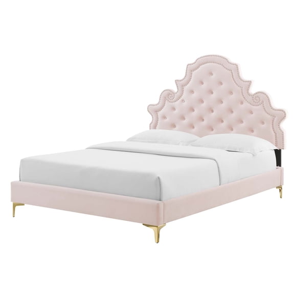 Tufted Platform Bed Frame, Queen Size, Velvet, Pink, Modern Contemporary Urban Design, Bedroom Master Guest Suite