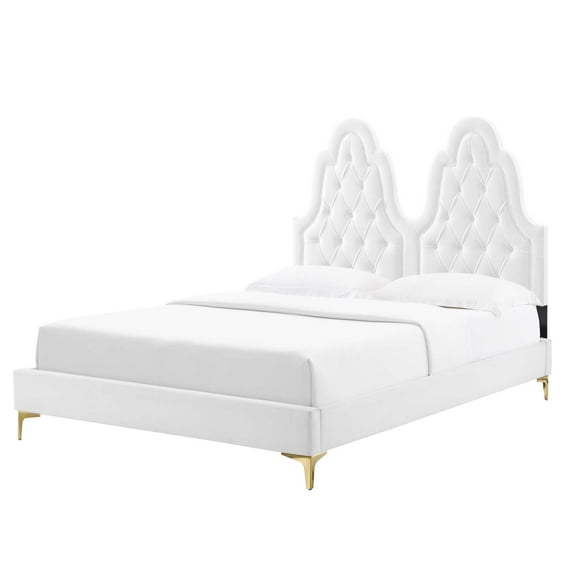 Tufted Platform Bed Frame, Twin Size, Velvet, White, Modern Contemporary Urban Design, Bedroom Master Guest Suite