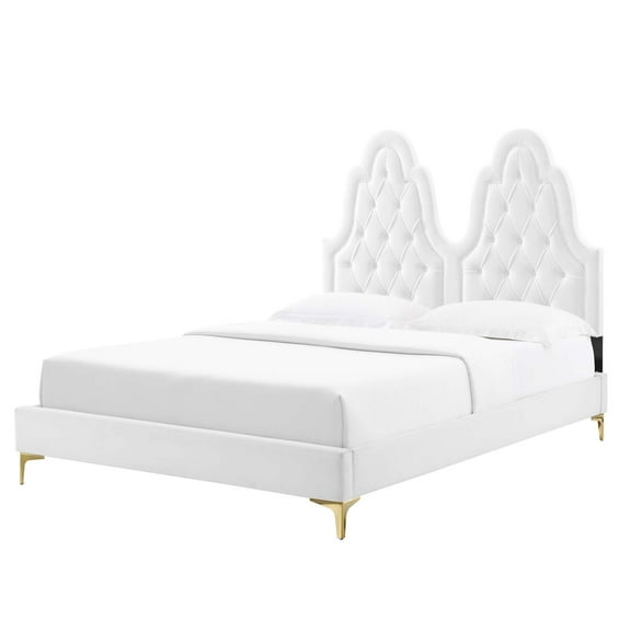 Tufted Platform Bed Frame, Twin Size, Velvet, White, Modern Contemporary Urban Design, Bedroom Master Guest Suite