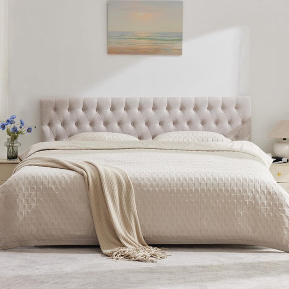 Tufted Queen Headboard with Adjustable Wood Legs, Modern Button Design Upholstered Headboard, Premium Linen Fabric Padded for Bedroom Decor (Beige, Queen)