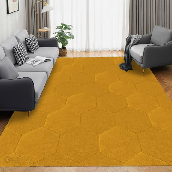 Tufted Rug, Yellow Carpet 9X12, Living room, Bedroom, Handmade, Geometric Design