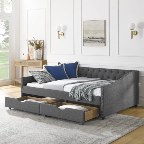 Tufted Sofa Bed with Waved Arms, Eucalyptus Frame / Supportive Seating, Storage for Cloths