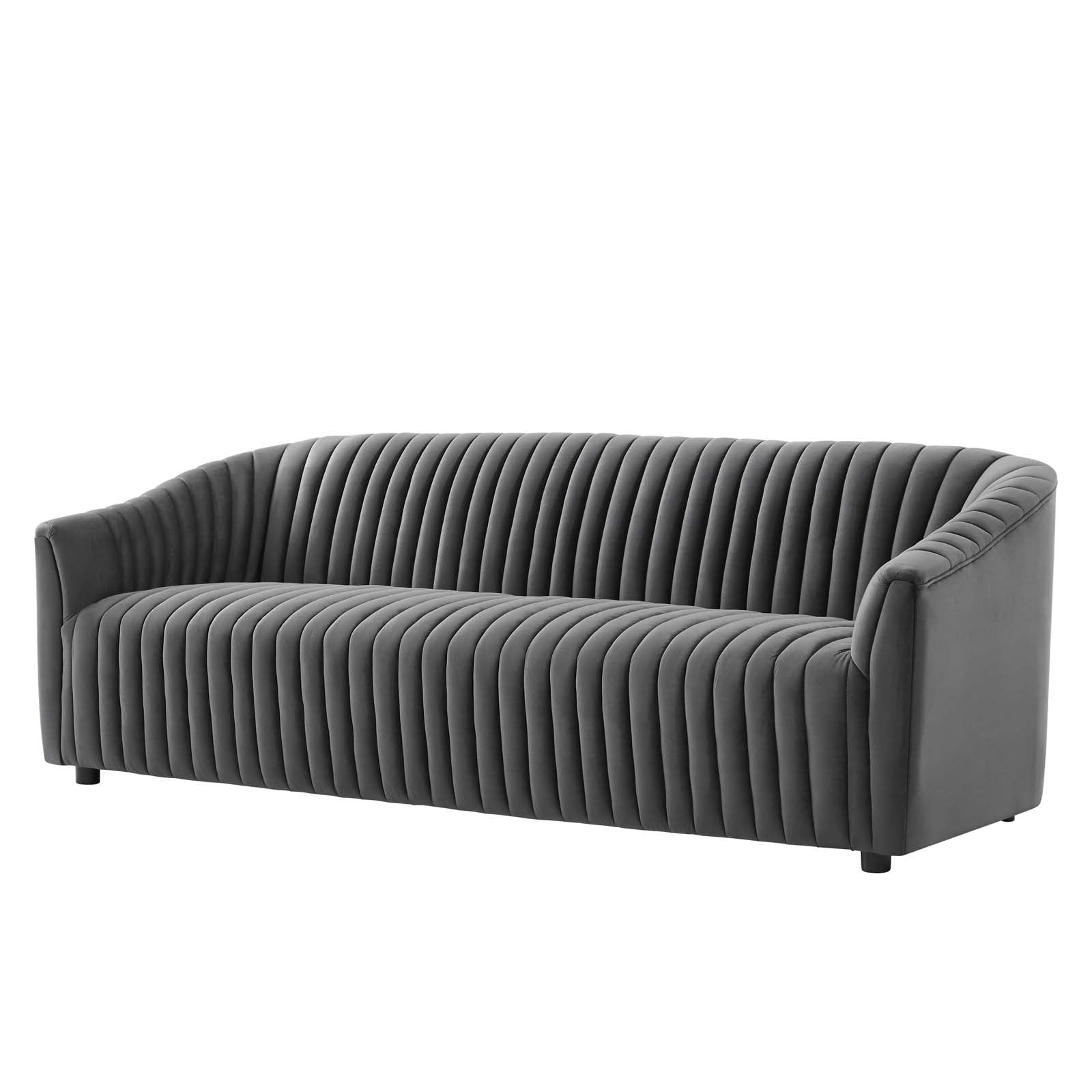 Tufted Sofa, Charcoal Grey Gray, Velvet, Modern Contemporary, Mid Century Living Hotel Lounge Cafe Lobby