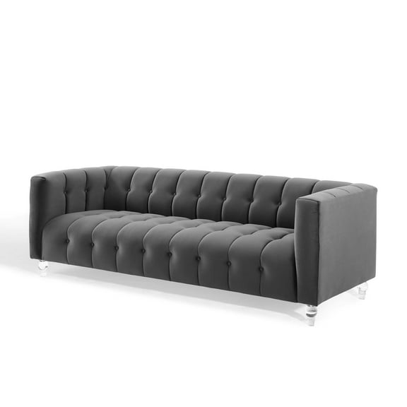 Tufted Sofa, Velvet, Dark Grey Gray, Modern Contemporary Urban Design, Living Lounge Room Hotel Lobby Hospitality