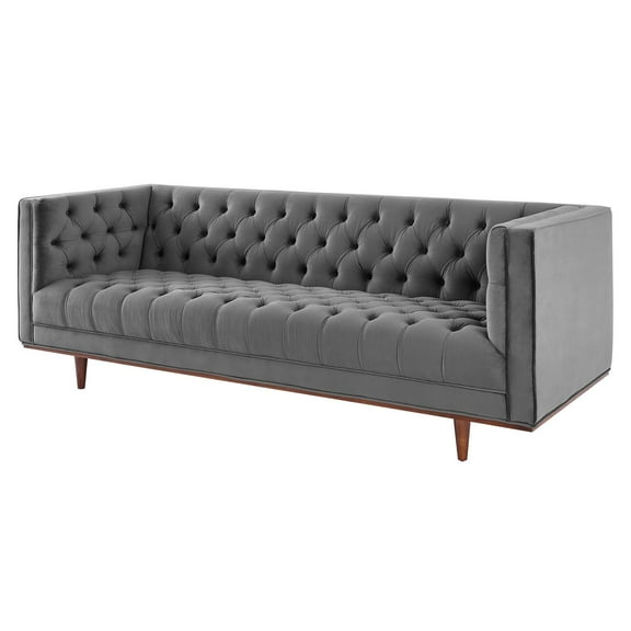 Tufted Sofa, Velvet, Grey Gray, Modern Contemporary Urban Design, Living Lounge Room Hotel Lobby Hospitality