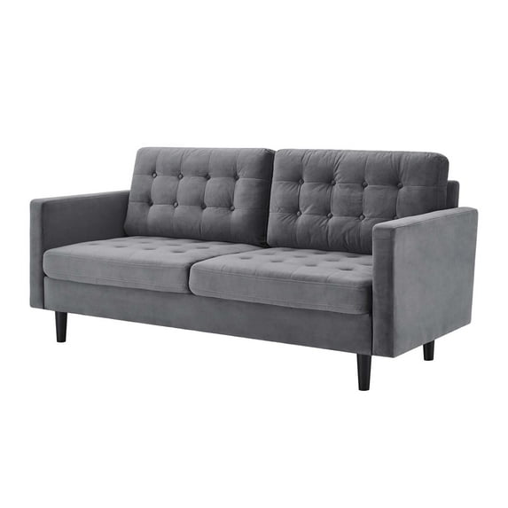 Tufted Sofa, Velvet, Grey Gray, Modern Contemporary Urban Design, Living Lounge Room Hotel Lobby Hospitality