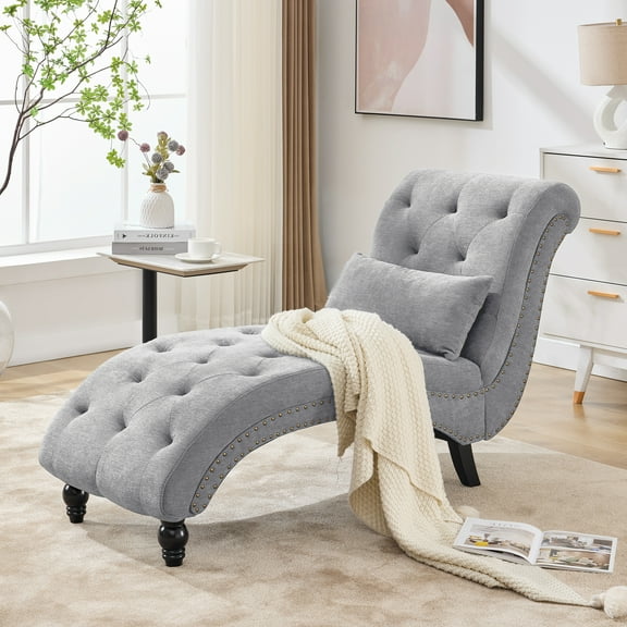 Tufted Soft Linen Rivets Chaise Lounge Chair , Armless Upholstered Chaise Couch Chair with Square Cushion and Solid Wood Legs, Grey
