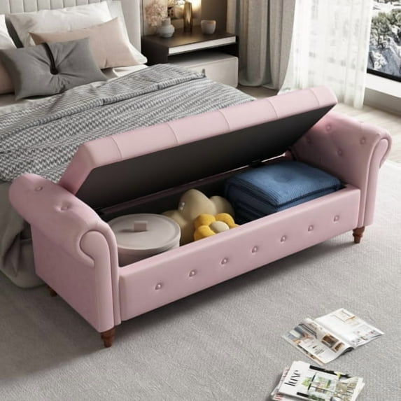 Tufted Storage Bench for Bedroom End of Bed, 63" Velvet Armed Storage Bench with Rolled Arm and Solid Wood Legs, Upholstered Storage Ottoman for Bedroom, Entryway, Living Room, Pink