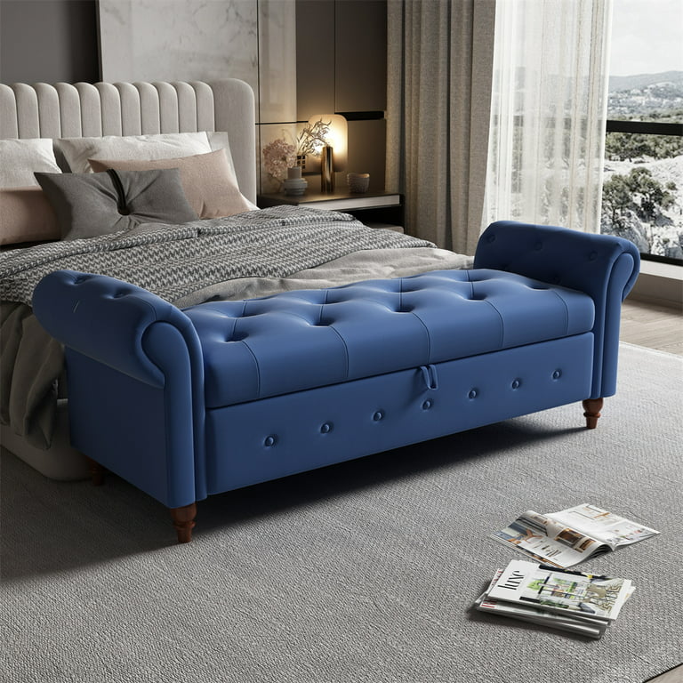 Tufted Storage Bench for Bedroom End of Bed, Polyester Upholstered Storage  Ottoman Bench for Bedroom Living Room, Rolled Arm Window Bench Seat with  Solid Wood Legs, 63Lx22Wx24.4H, Navy Blue 