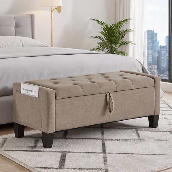 Tufted Storage Bench Beige Finish Linen Upholstery 350 Lbs Capacity Flip Top Seating For Bedroom Living Room Entryway