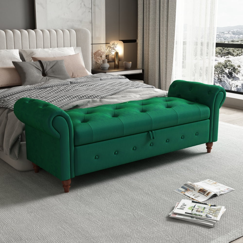 Tufted Storage Bench Fabric Upholstered Bed Bench with Rolled Armed Button Tufted Design Storage Ottoman Bench with Solid Wood Legs End of Bed Bench