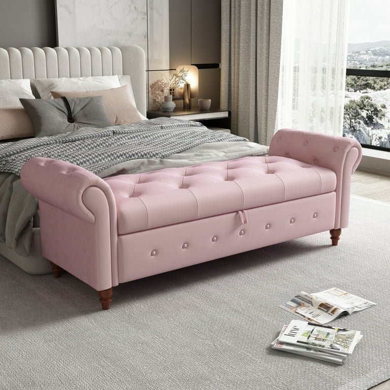 Tufted Storage Bench Fabric Upholstered Bed Bench with Rolled Armed Button Tufted Design Storage Ottoman Bench with Solid Wood Legs End of Bed Bench